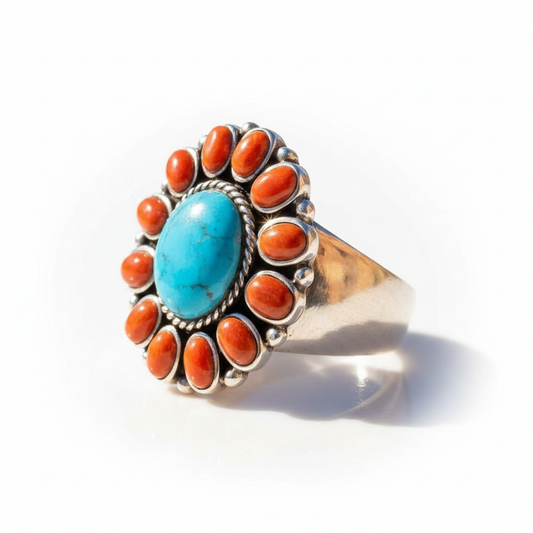 Navajo Turquoise Coral Cluster Silver Ring Pure White Background Tilted Reflection 1x1