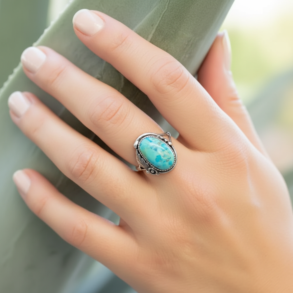Navajo Turquoise Ring Different Female Hand Succulent Leaf Green Background 1x1
