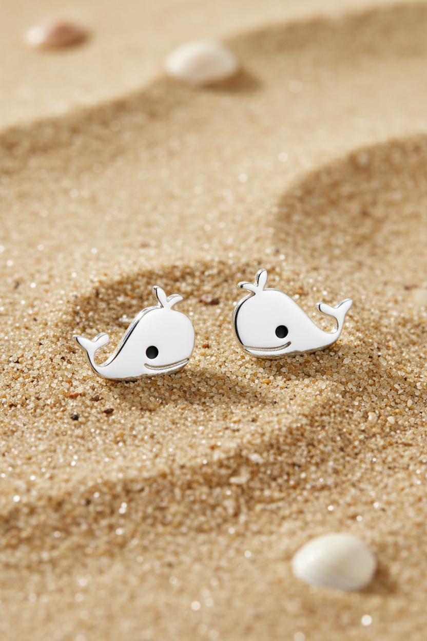 Ocean's joy whale studs on beach sand
