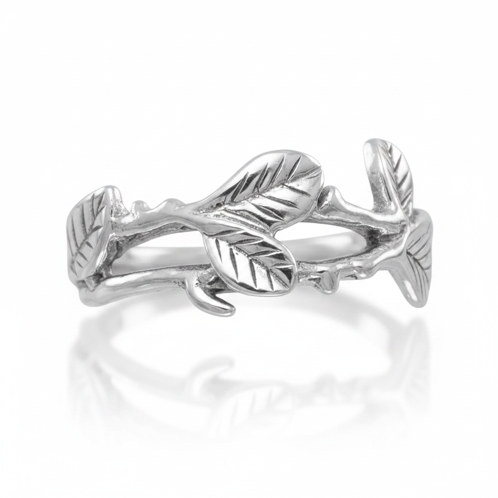 Olive Branch Leaf Silver Ring Pure White Background Tilted Reflection 1x1