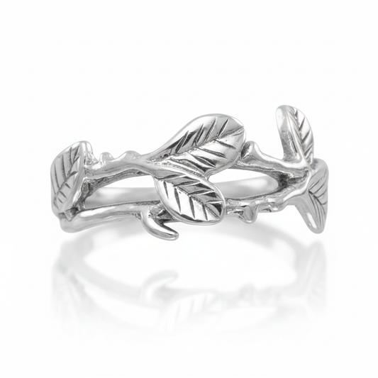 Olive Branch Leaf Silver Ring Pure White Background Tilted Reflection 1x1