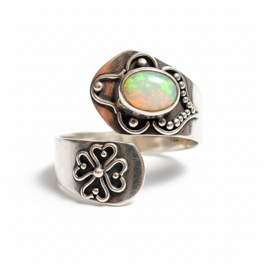 Opal Butterfly Bypass Wrap Oxidized Silver Ring Pure White Background 1x1