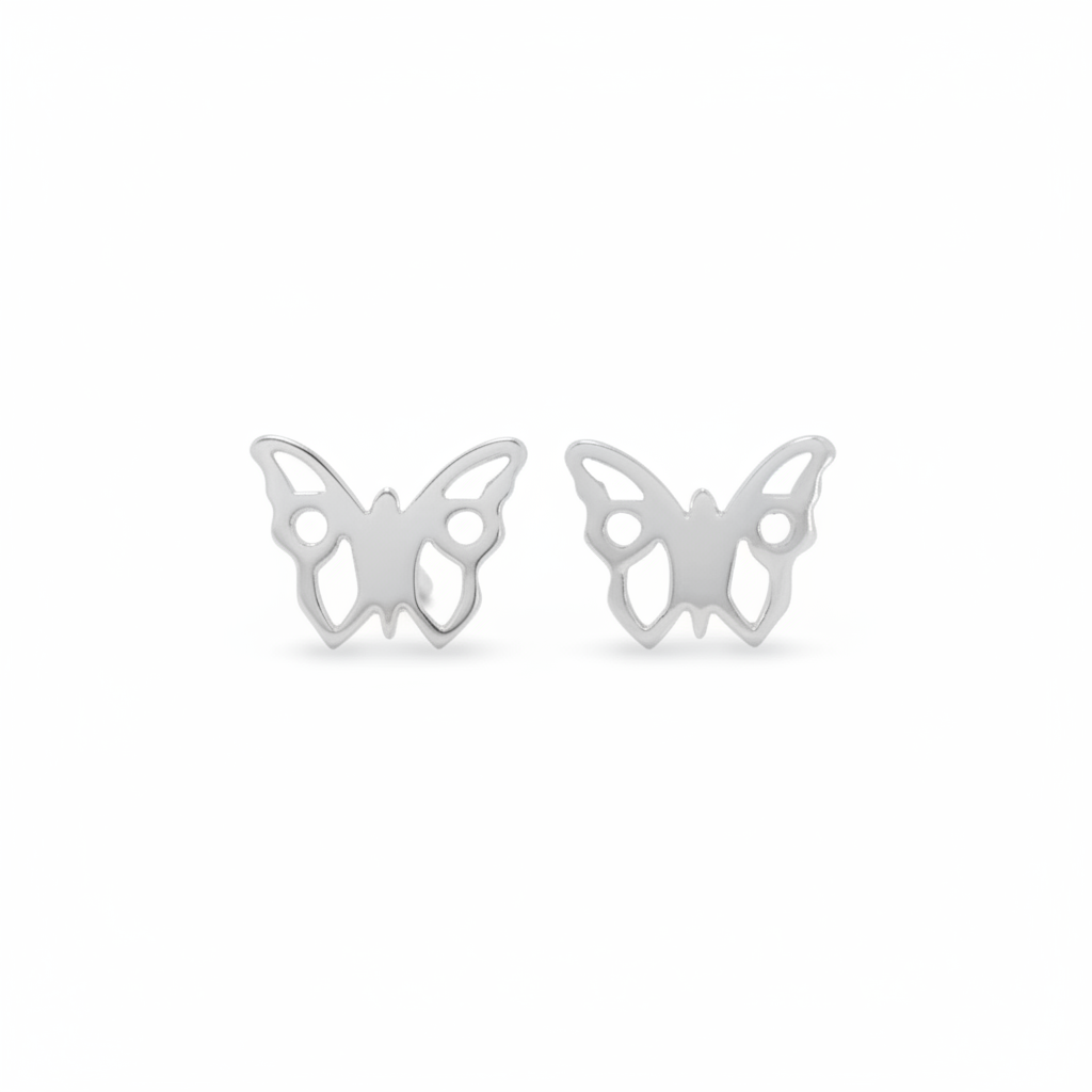 Open Silhouette Butterfly Stud Earrings Sterling Silver Face-On Flat View Cutout Wings Pure White Background 1x1