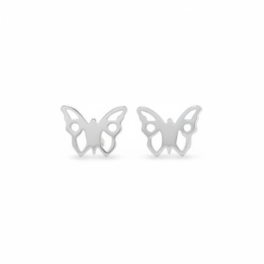 Open Silhouette Butterfly Stud Earrings Sterling Silver Face-On Flat View Cutout Wings Pure White Background 1x1