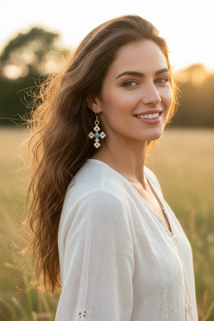 Outdoor Natural Turquoise Cross Earrings