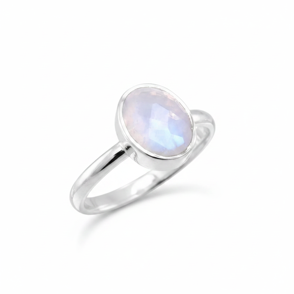 Oval Moonstone Blue Lavender Bezel Silver Ring Supplier Reference Pure White Background Tilted Reflection 1x1