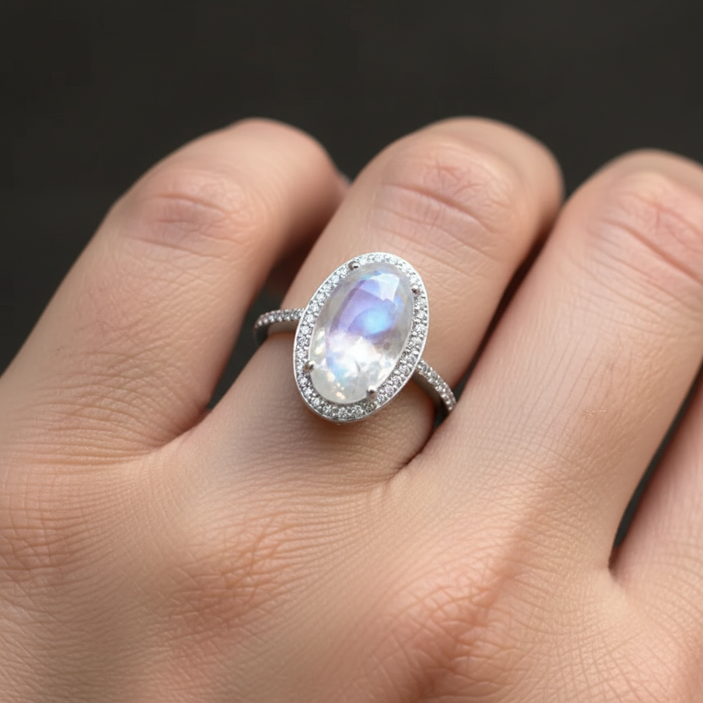 Oval Moonstone CZ Halo Pave Band Silver Ring Real Hand Dark Background Clear 1x1