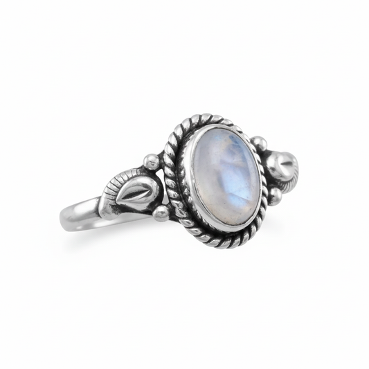 Oval Moonstone Rope Bezel Leaf Accent Oxidized Silver Ring Pure White Background Tilted 1x1