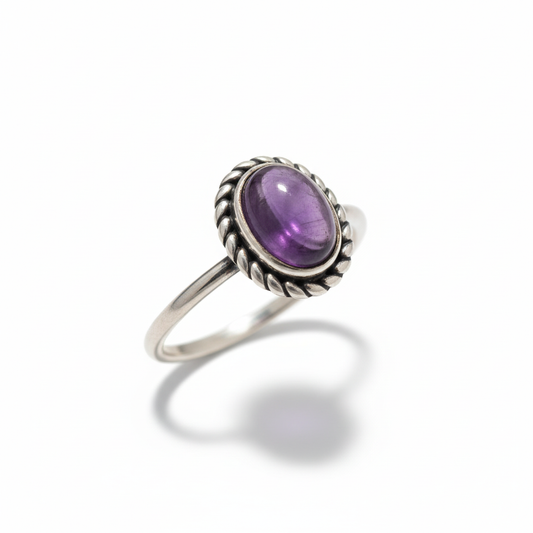 Oxidized Amethyst Twisted Rope Bezel Silver Ring Angled White Background HD