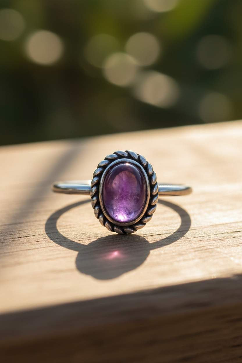 Oxidized Amethyst Twisted Rope Bezel Silver Ring Sunlight Background