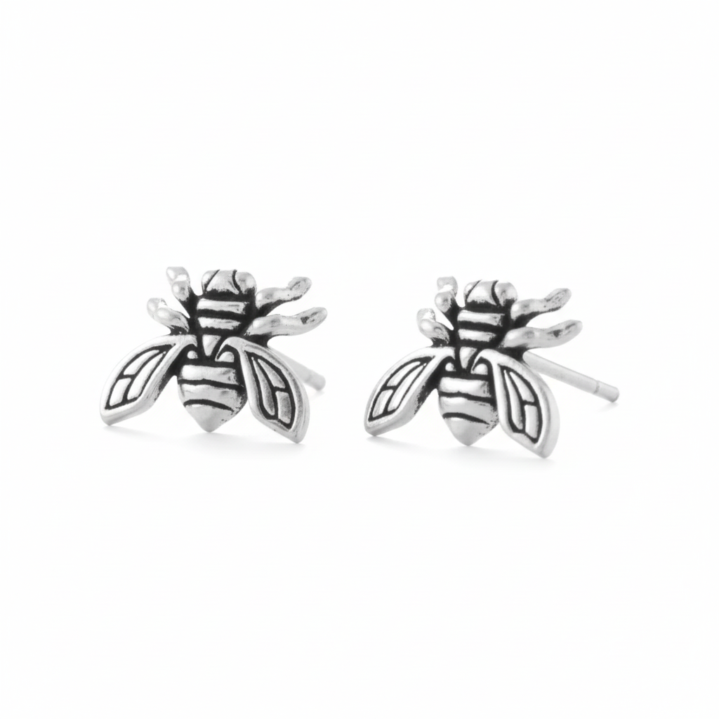 Oxidized bee earrings angled view