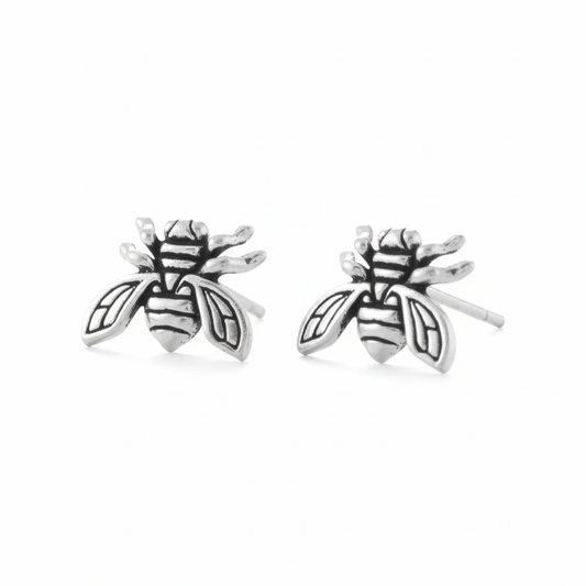 Oxidized bee earrings angled view