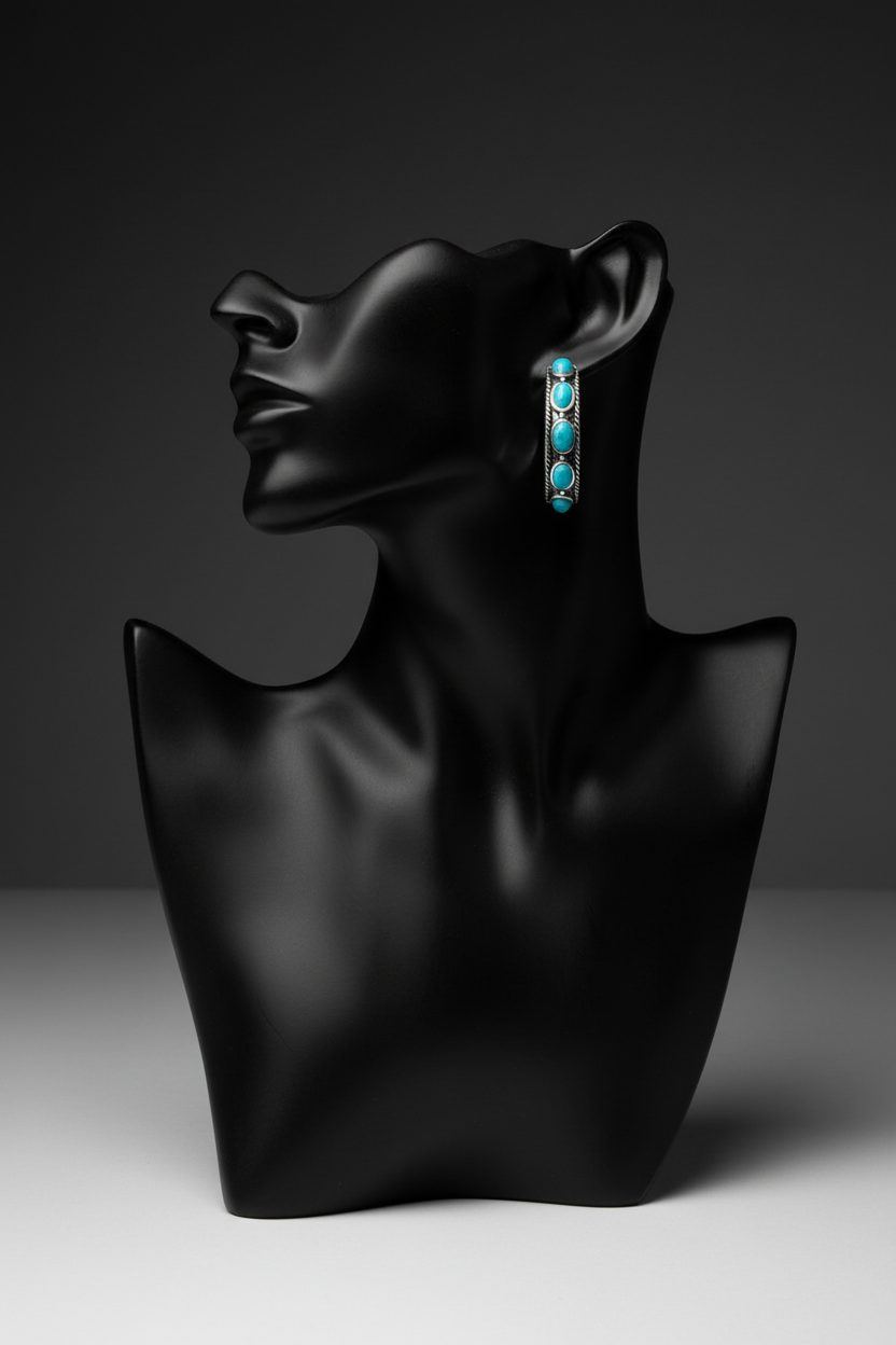 Oxidized silver hoops on black mannequin