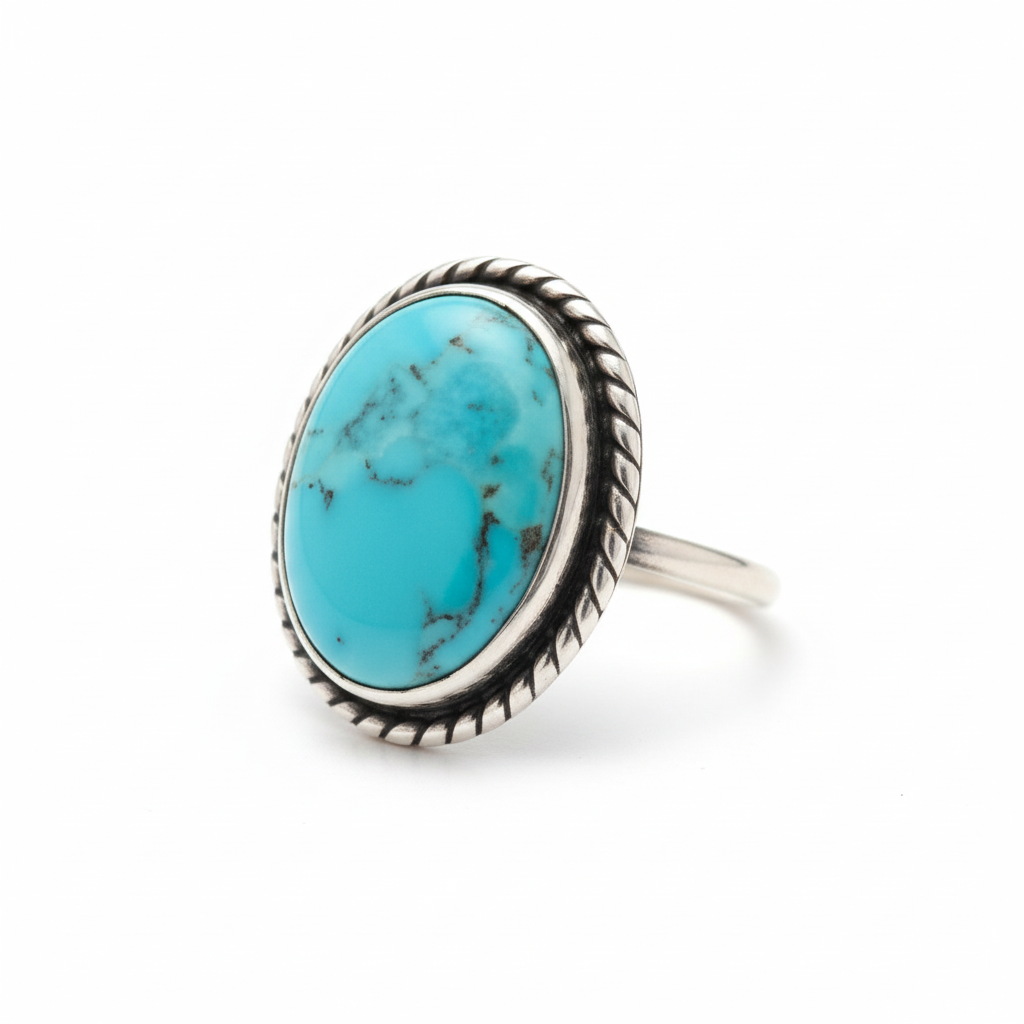 Oxidized Silver Oval Turquoise Twisted Rope Bezel Ring Angled White Background HD