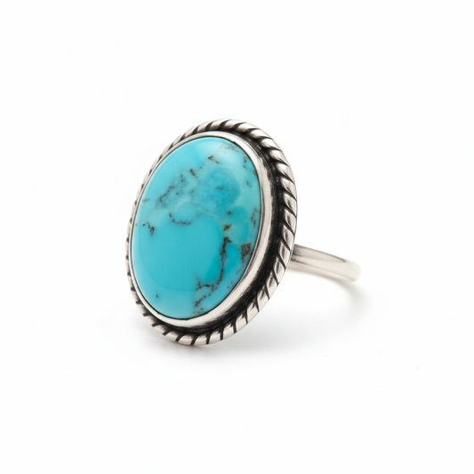 Oxidized Silver Oval Turquoise Twisted Rope Bezel Ring Angled White Background HD
