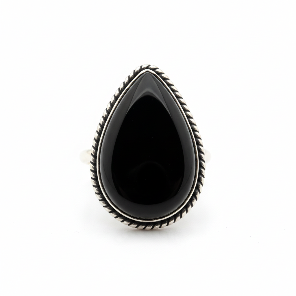 Oxidized Silver Pear Black Onyx Ring Slightly Elevated Angle White Background HD