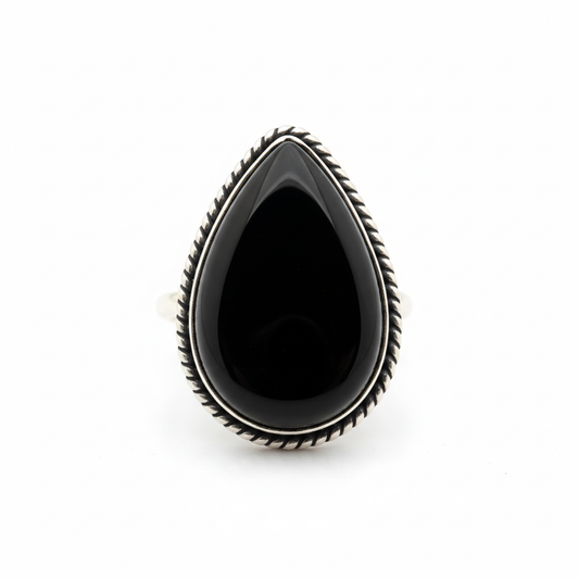 Oxidized Silver Pear Black Onyx Ring Slightly Elevated Angle White Background HD