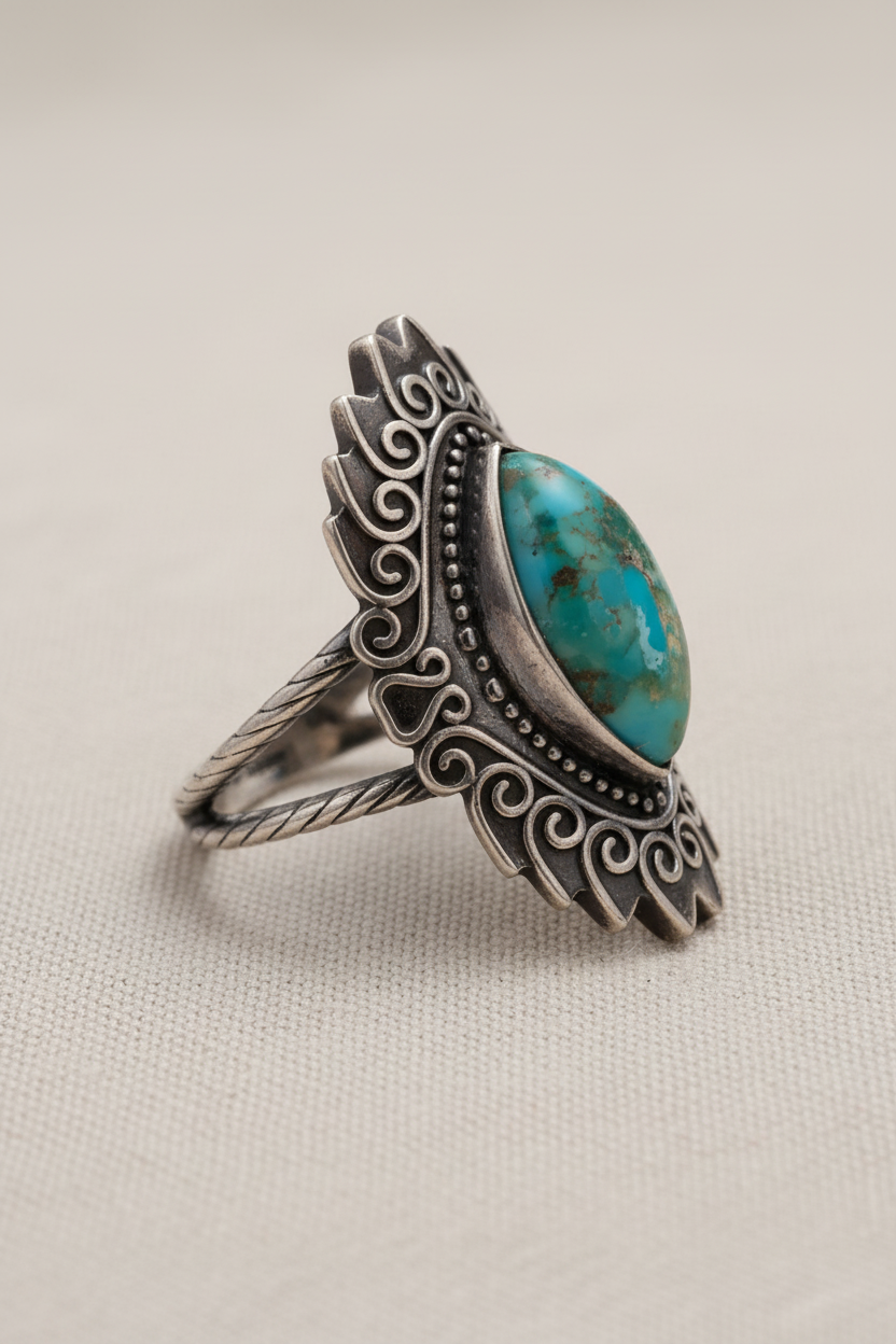 Oxidized Turquoise Crown Ring Side View on Linen