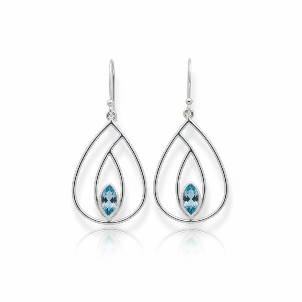 Pair of blue topaz pear earrings on white