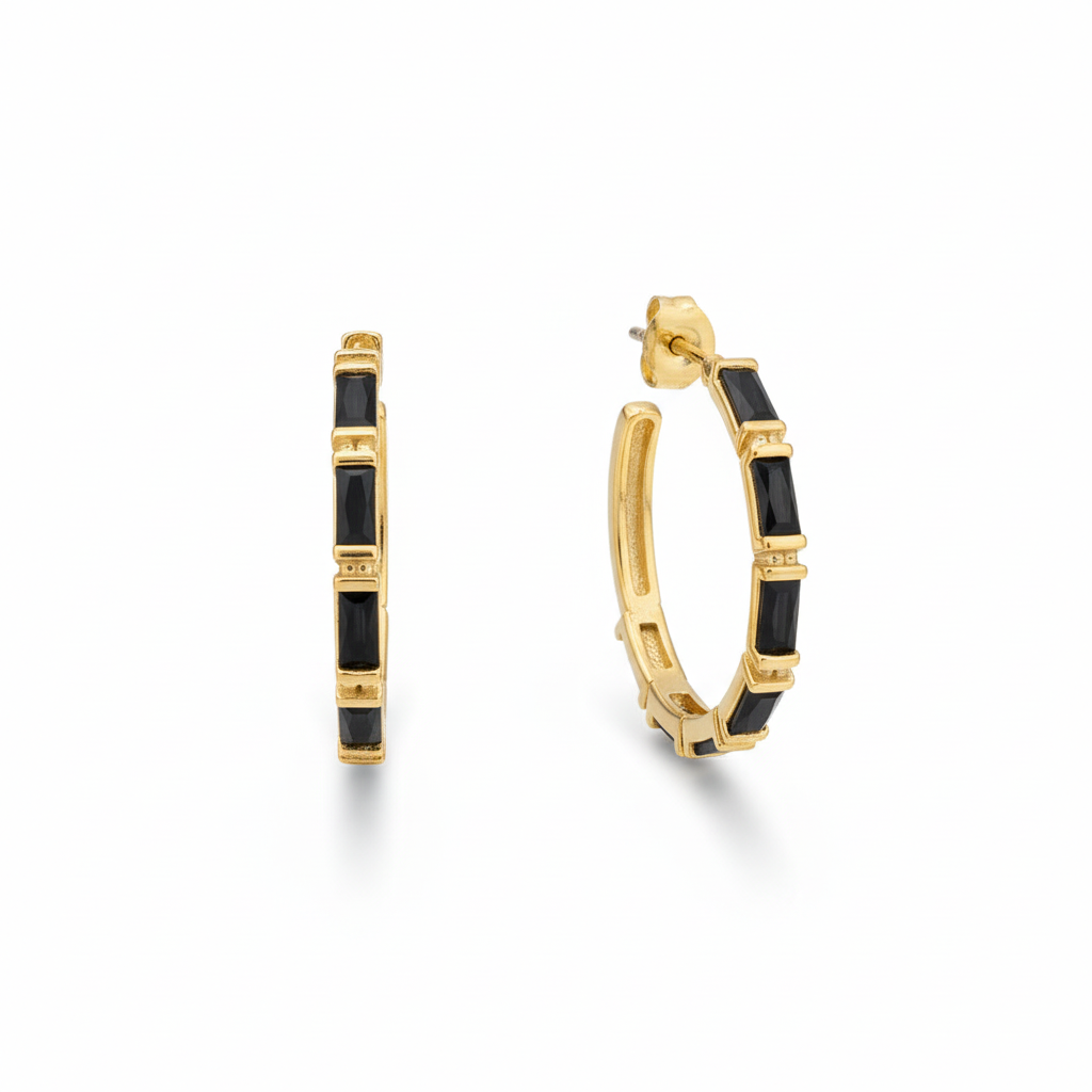 Pair of bold black baguette hoops on white