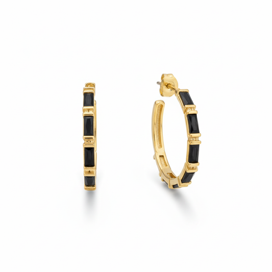 Pair of bold black baguette hoops on white