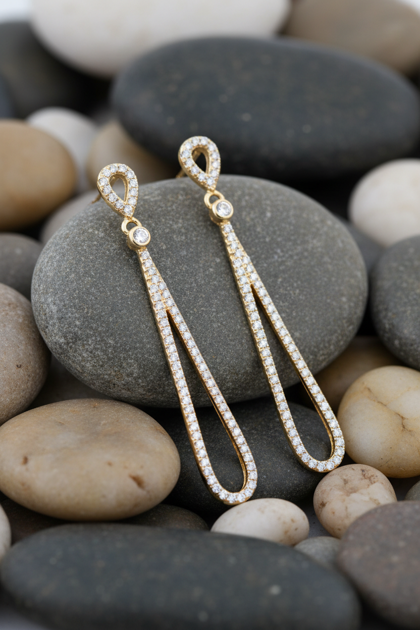 Pear drop CZ dangles on river stones
