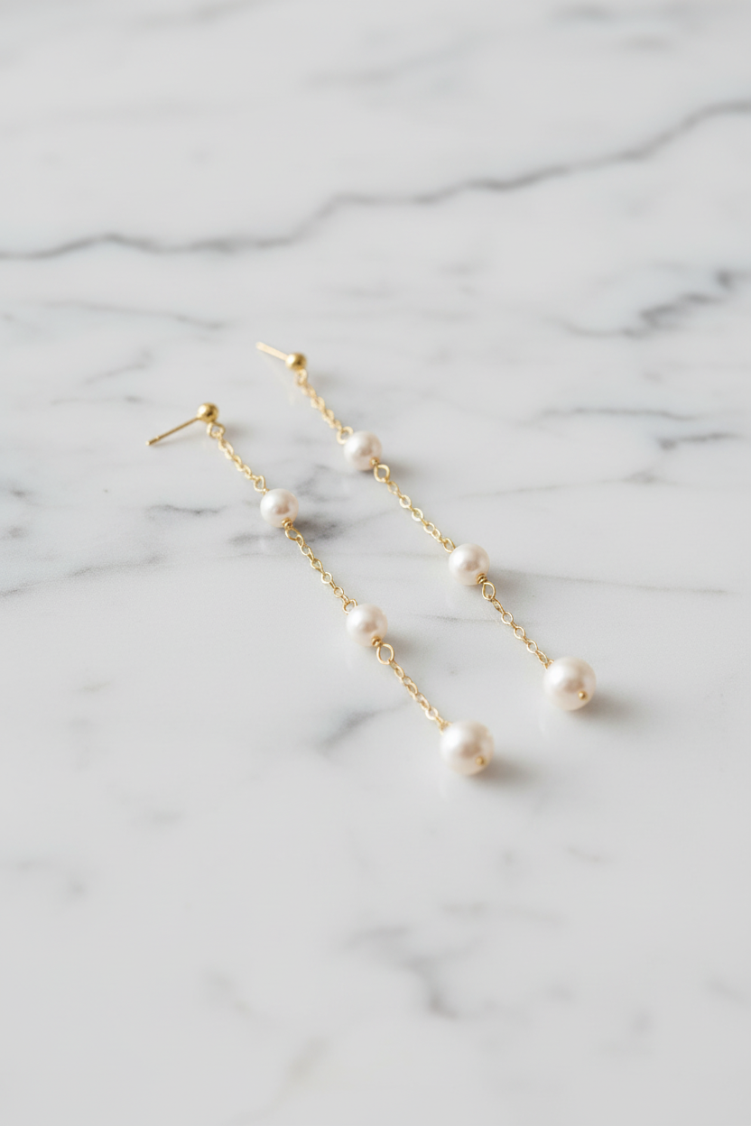 Pearl cascade chain earrings on white marble