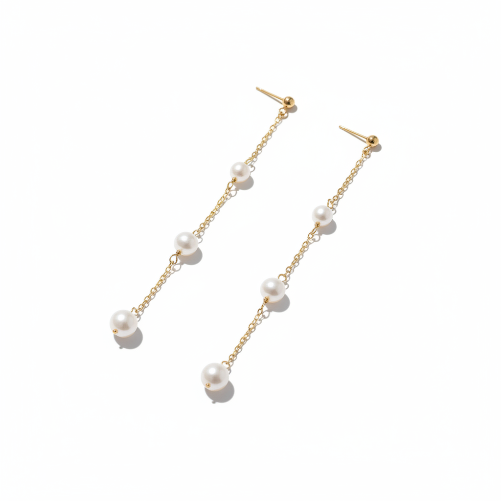Pearl chain earrings angled view