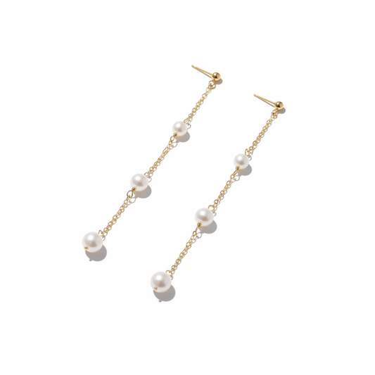 Pearl chain earrings angled view