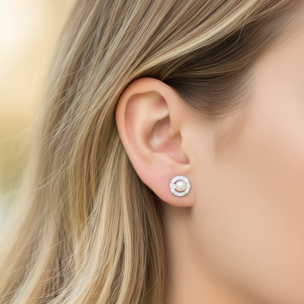 Pearl CZ Halo Stud Earring Sterling Silver Elegant Blonde Model Ear Warm Golden Light Sharp Clear 1x1