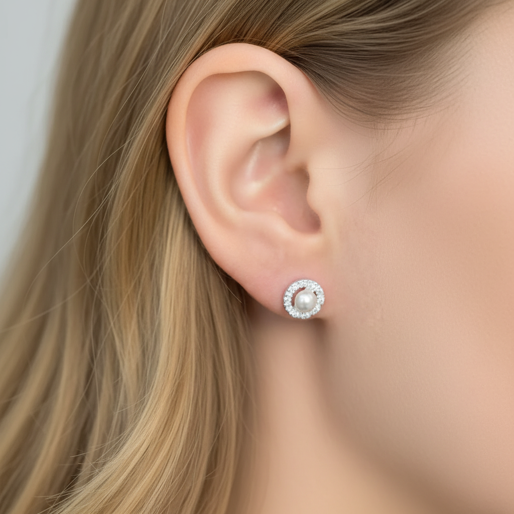 Pearl CZ Open Circle Crescent Stud Earring Sterling Silver Elegant Blonde Model Ear Cool Daylight Sharp Clear 1x1