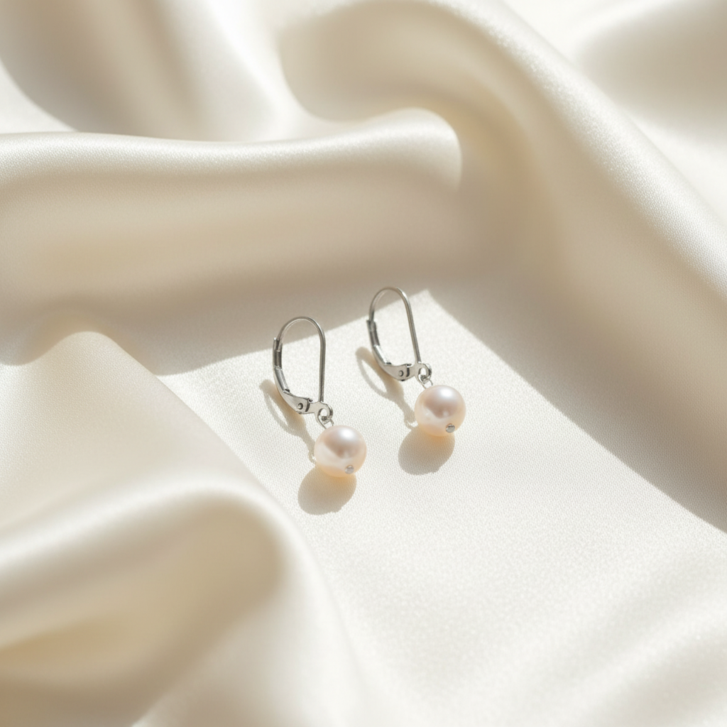 Pearl drop earrings on cream silk fabric