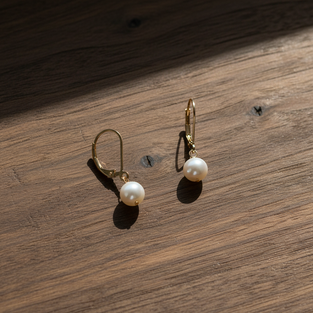 Pearl drop earrings on dark walnut wood
