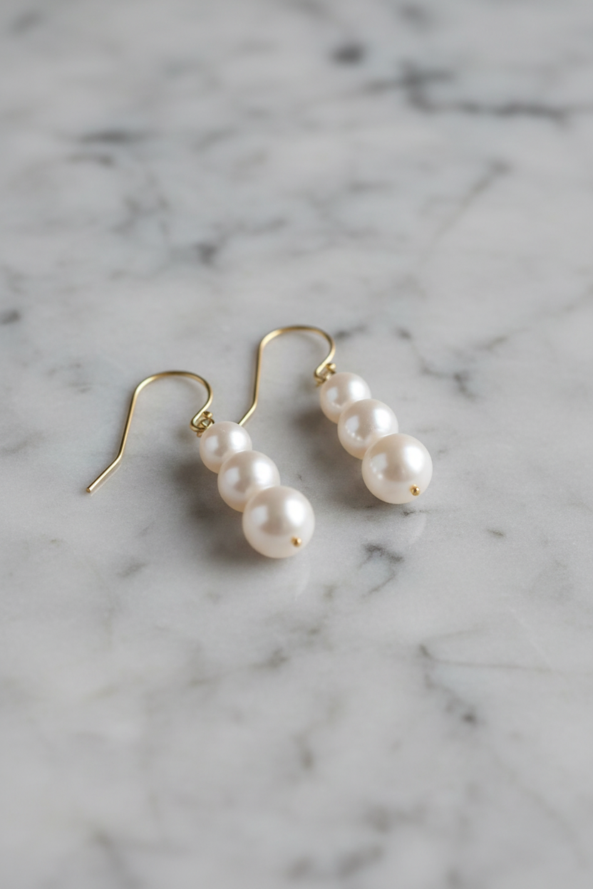 Pearl drop earrings on grey marble