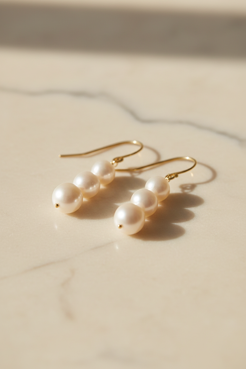 Pearl earrings on cream beige marble