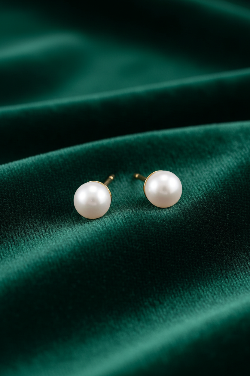 Pearl earrings on emerald green velvet