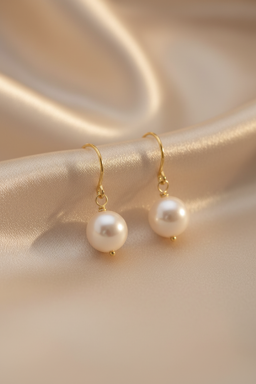 Pearl earrings on pale beige silk