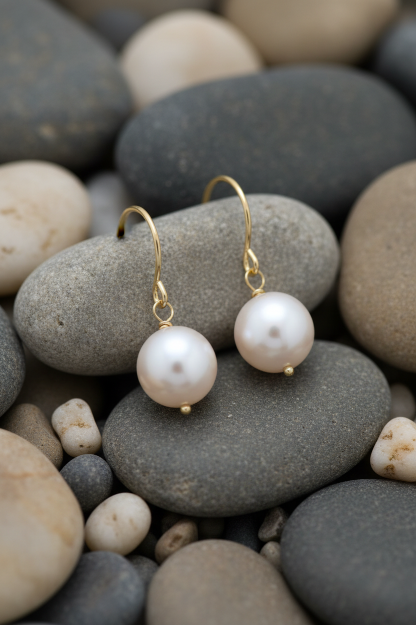 Pearl earrings on river stones