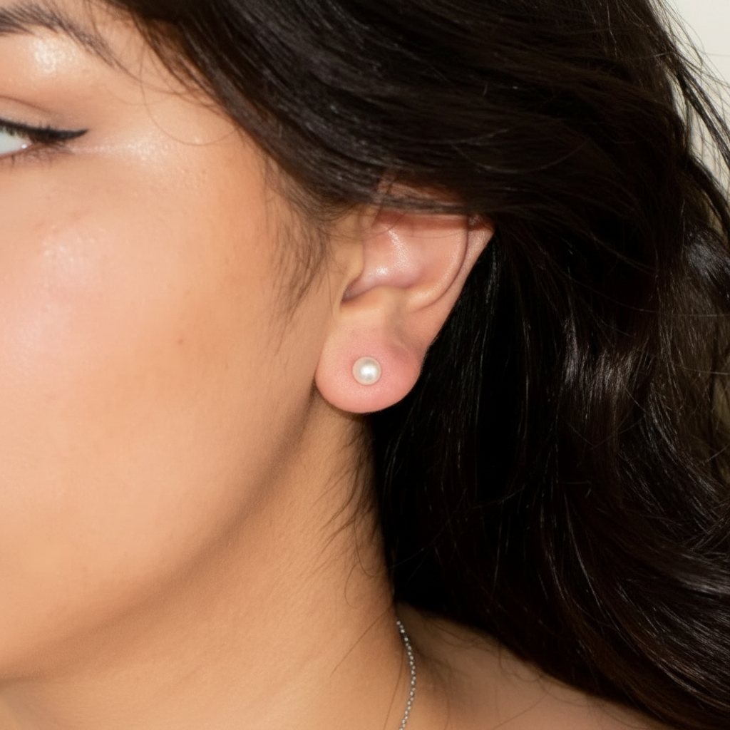 Pearl Stud Earring Model Shot - Enhanced
