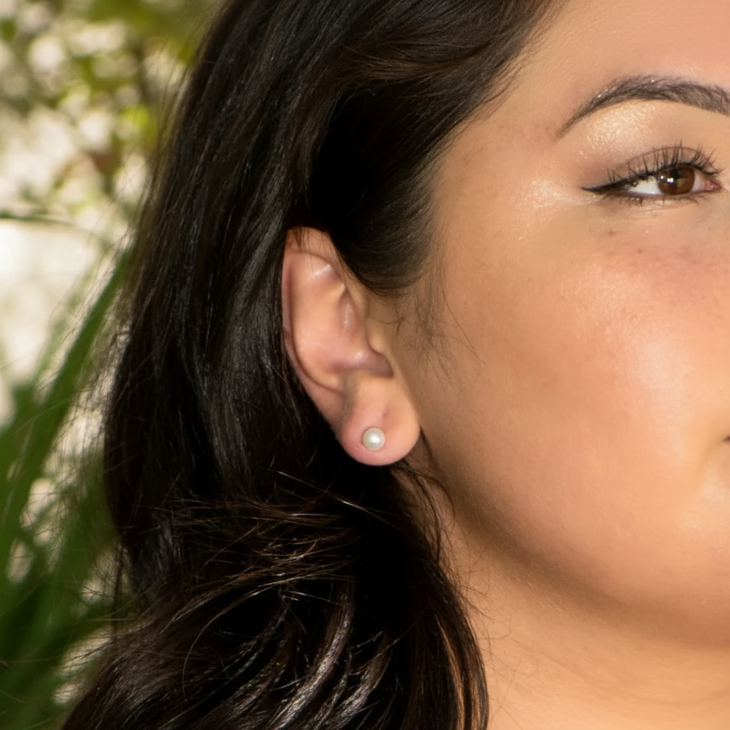 Pearl Stud Earring Outdoor Model Shot - Enhanced