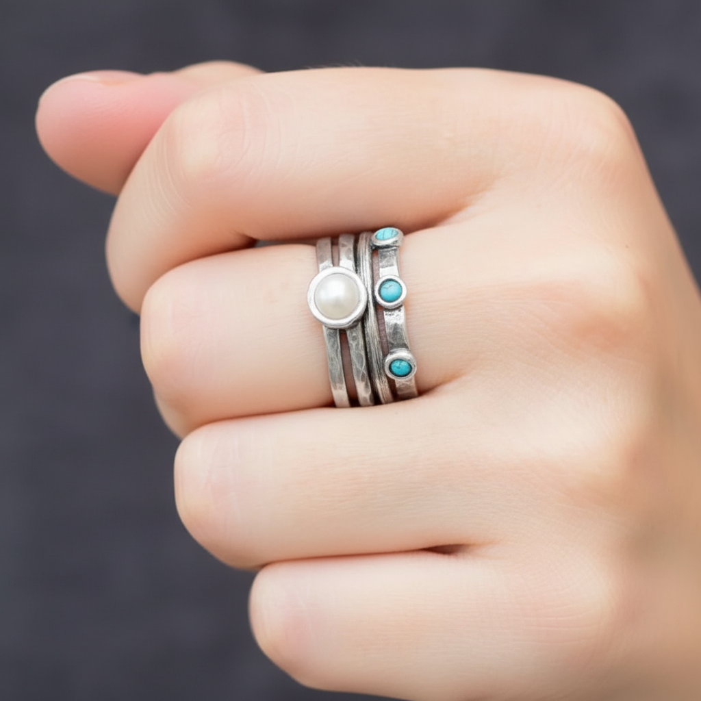 Pearl Turquoise Stacking Ring Set Different Female Hand Fist Pose Dark Background 1x1
