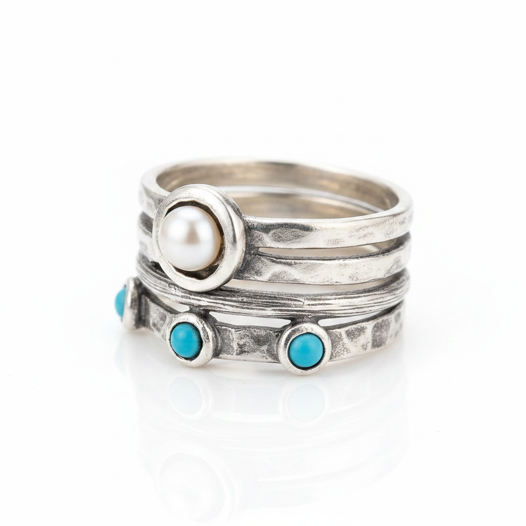Pearl Turquoise Stacking Ring Set Pure White Background Tilted Reflection 1x1