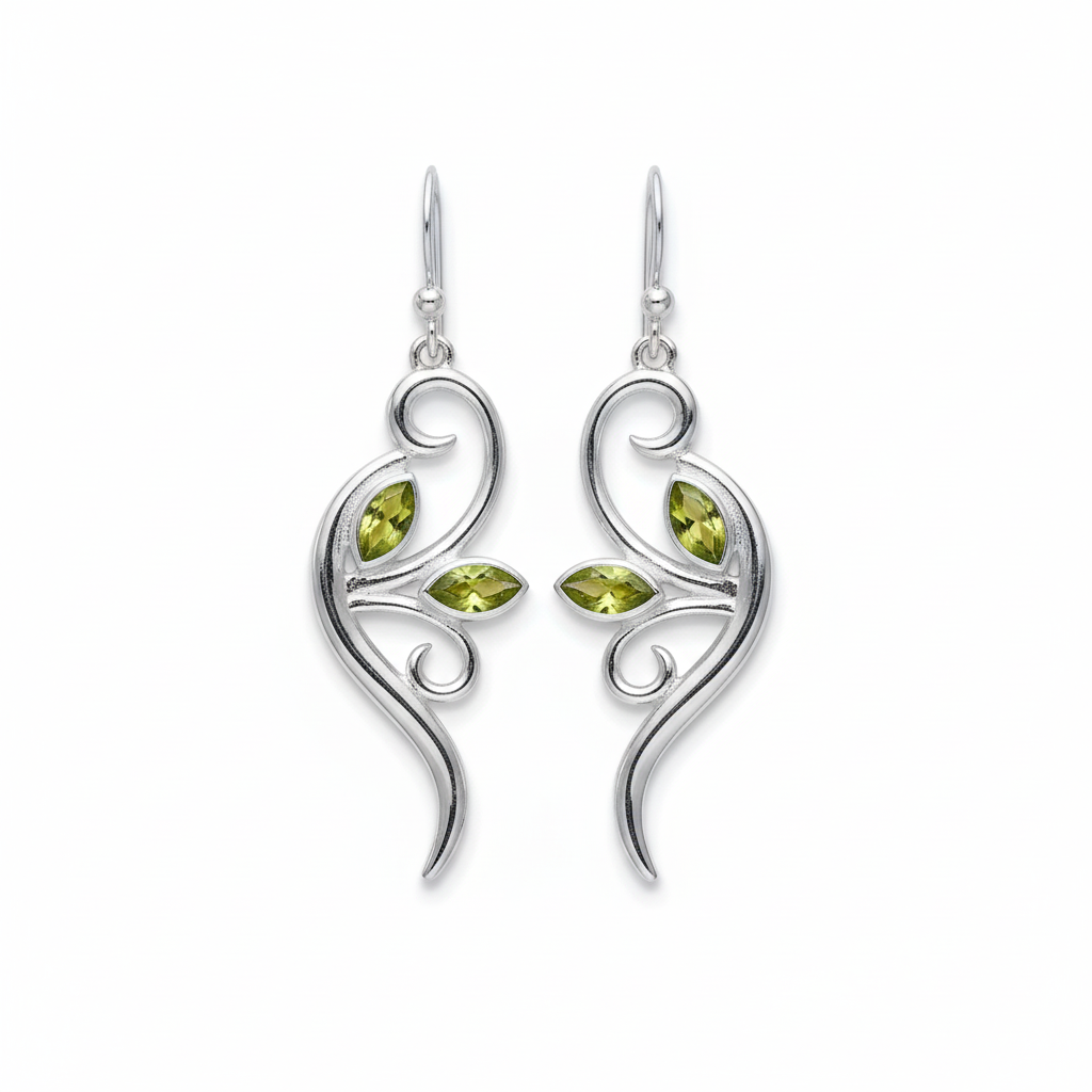 Peridot gemstones and vine design detail close-up