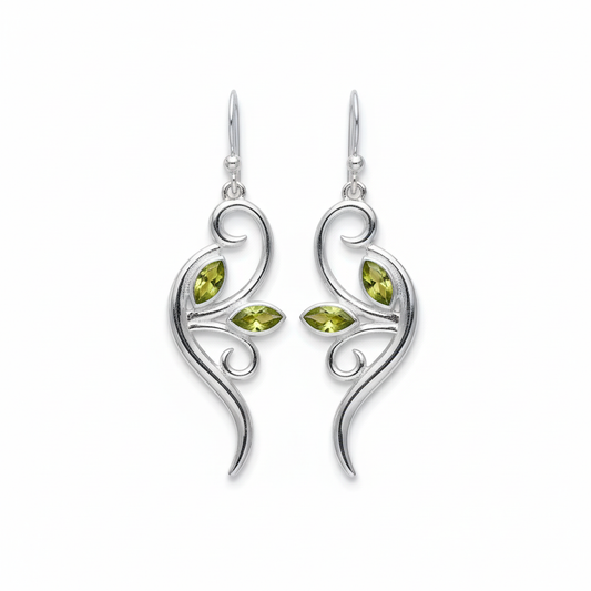 Peridot gemstones and vine design detail close-up