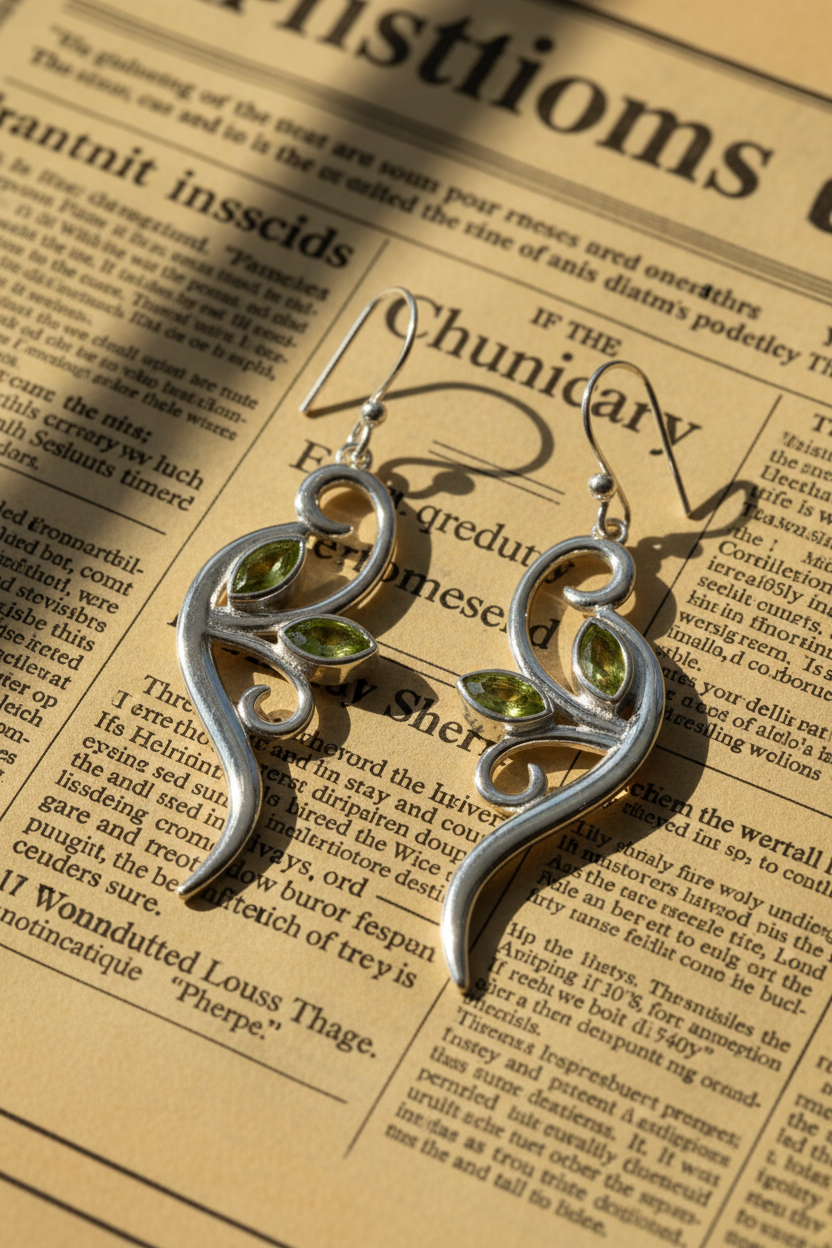 Peridot vine earrings on old newspaper