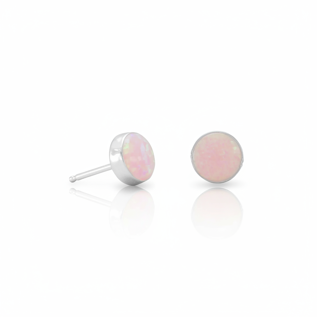Pink Opal Bezel Stud Earrings - White Background