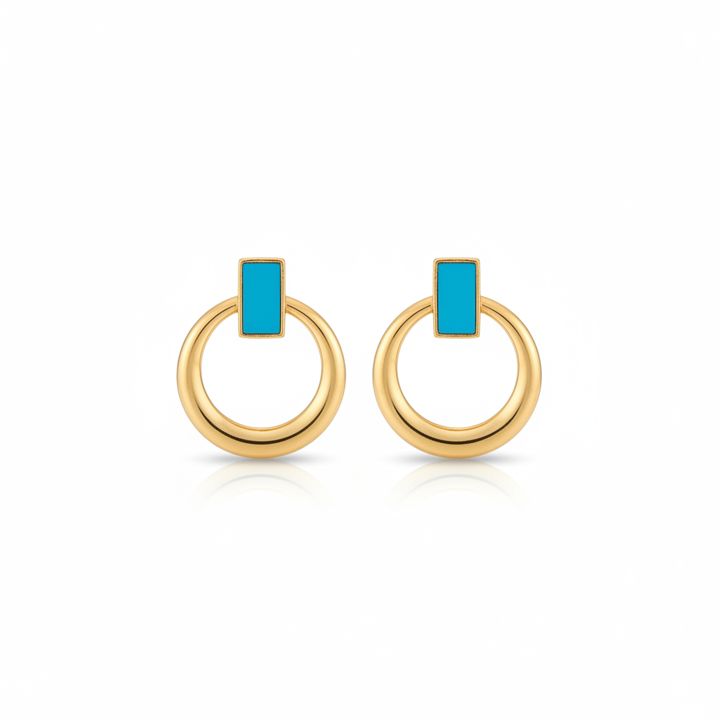 Product display with turquoise bar and gold hoop