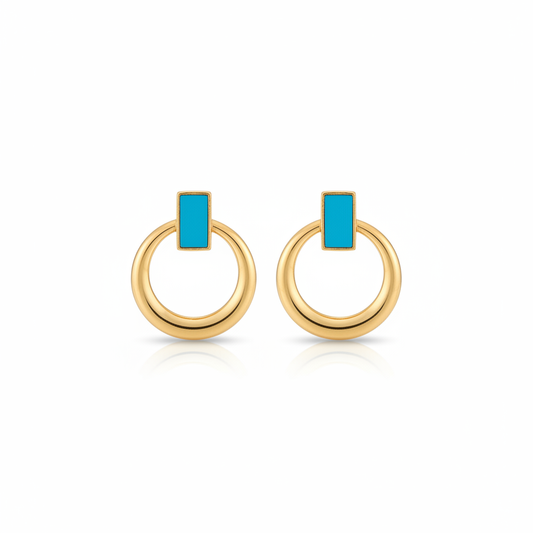 Product display with turquoise bar and gold hoop
