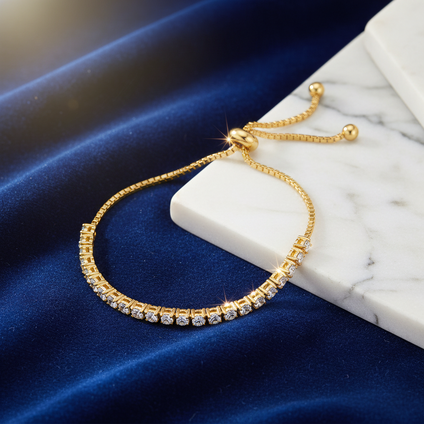 Adjustable 14K Gold Plated Sterling Silver CZ Bracelet, Box Chain Style, 9 Inch Length with Stopper Bead, 3mm Cubic Zirconia