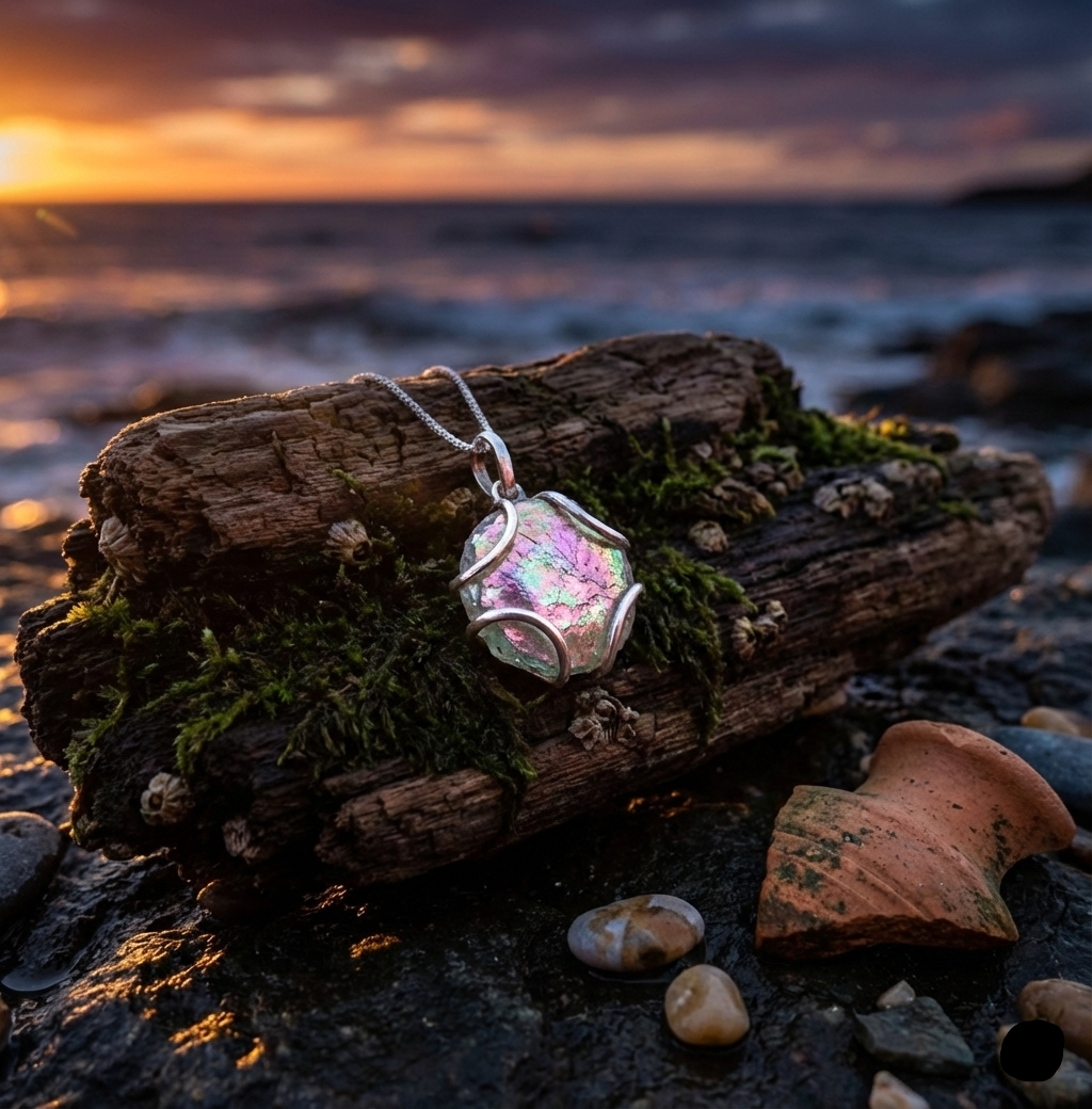 Ancient Roman Glass Necklace - Sterling Silver Oxidized Wire Set Pendant